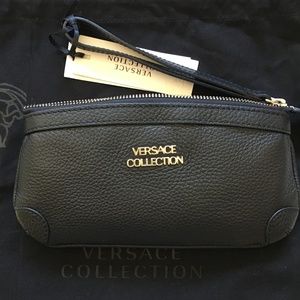 VERSACE COLLECTION Black leather pouch wristlet